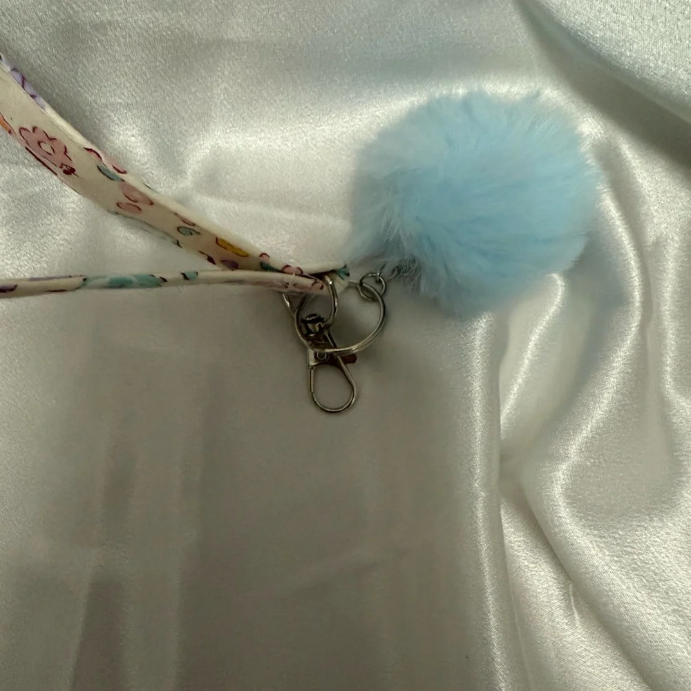 Handmade Blue and Pink Floral Wristlet Keychain with Light Blue Pompom